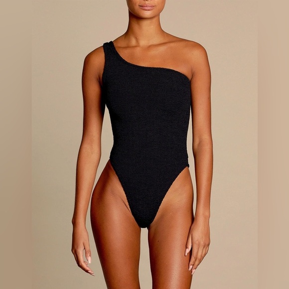 Hunza G Nancy Swimsuit Black One Shoulder Bikini Crinkle Noir Bodysuit Rare - Picture 13 of 16